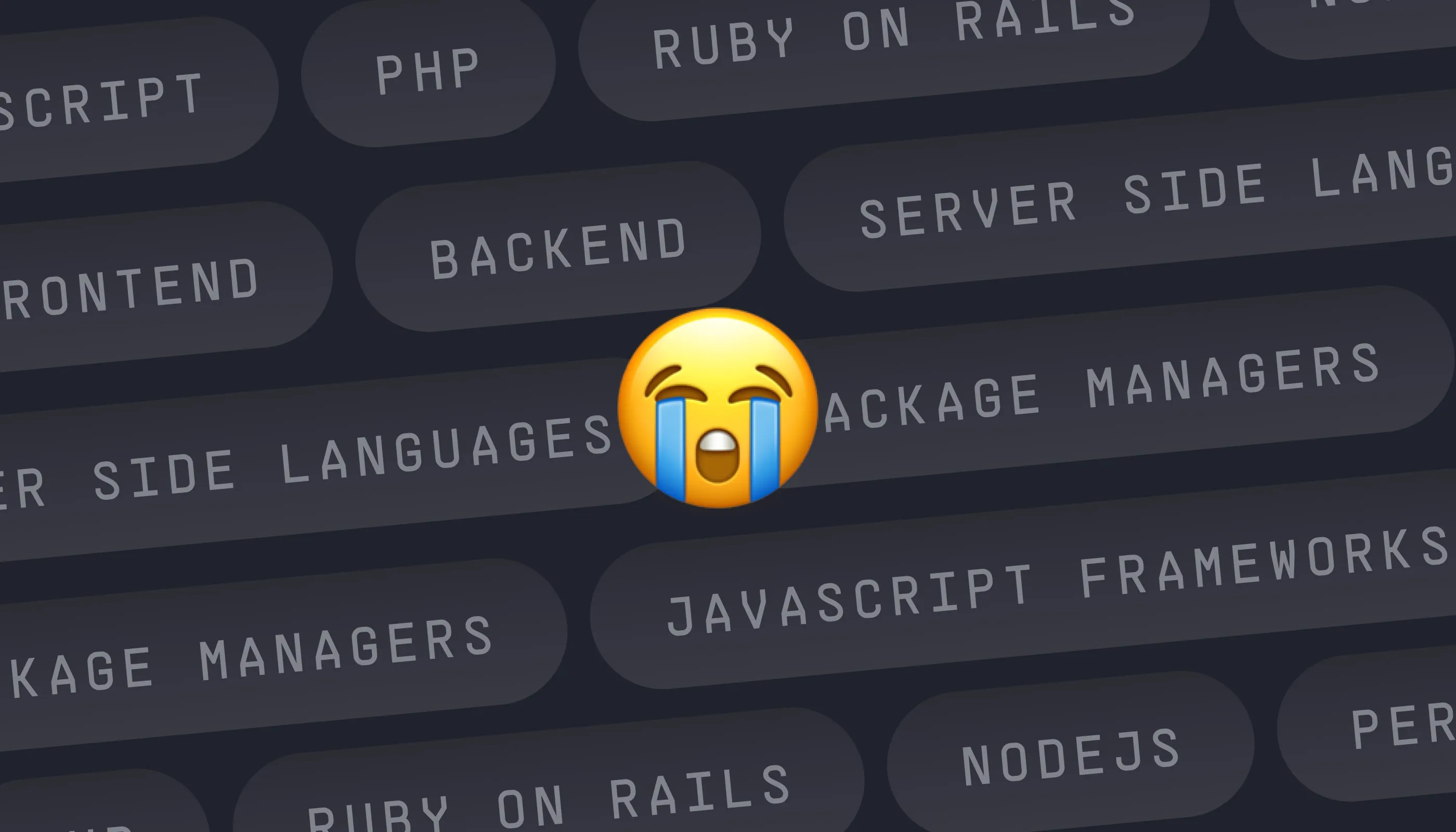 A photo of a emoji face that is melting. Behind the face there are names of technologies like Javascript, HTML, CSS and so on